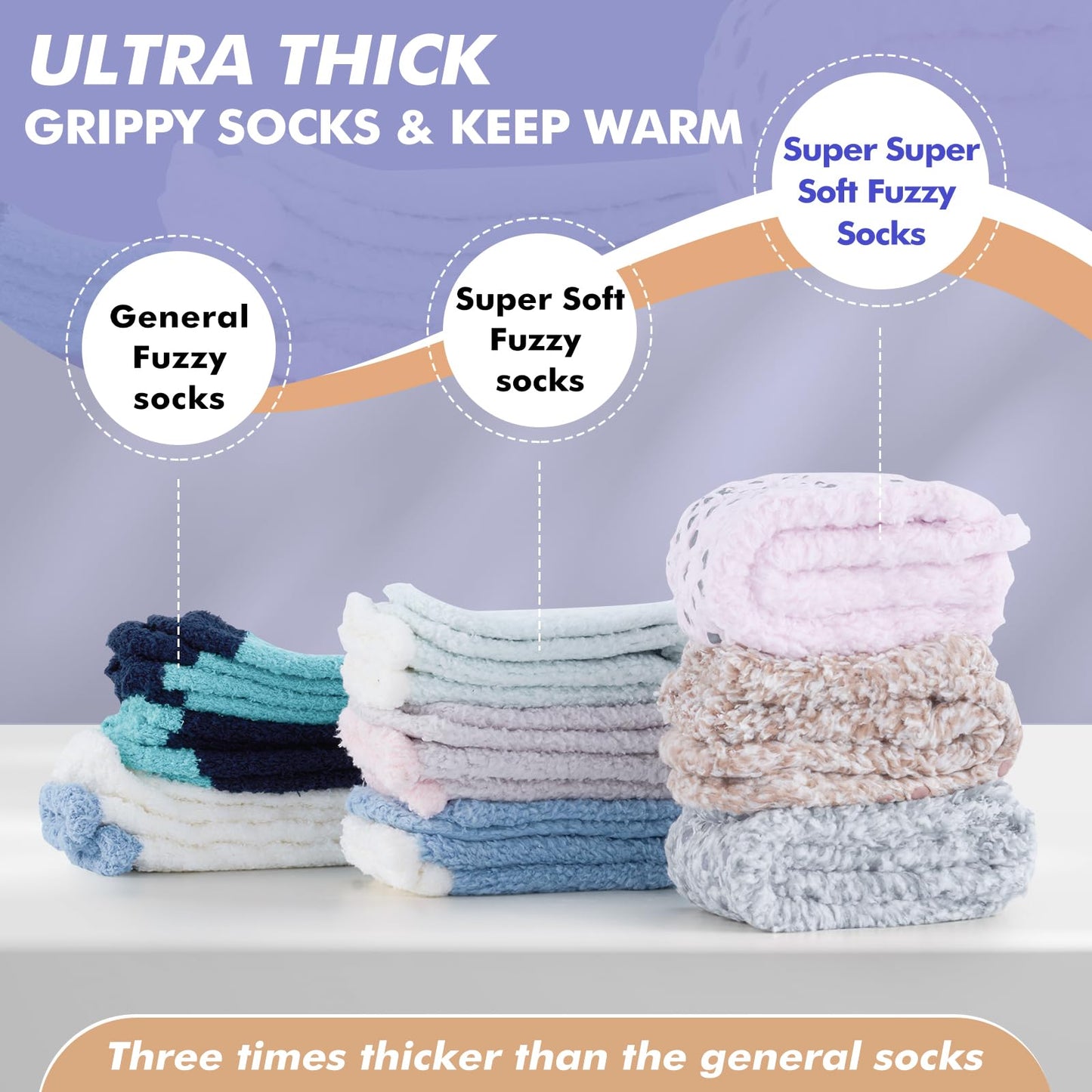 Revosoxs Fuzzy Socks with Grips for Women Men,Non Slip Hospital Crew Cozy Socks with Aloe Vera Perfume(Brown+Purple+Pink)