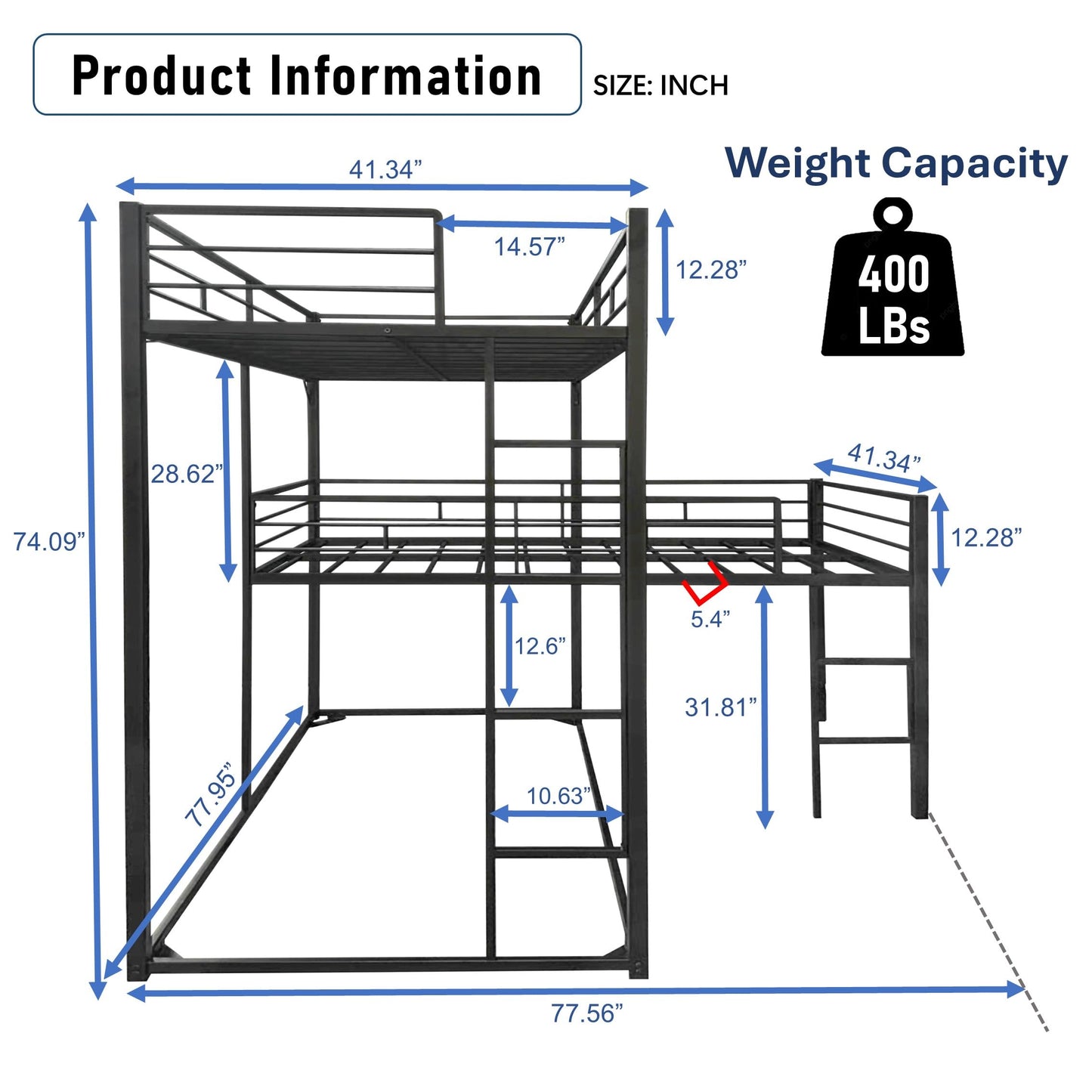 UOCFYK Twin Size L-Shaped Metal Triple Bunk Bed, Triple Bedframe with Ladder & Full-Length Guardrail for Kids Junior Adults, Box Spring Needed, Space Saving, Black