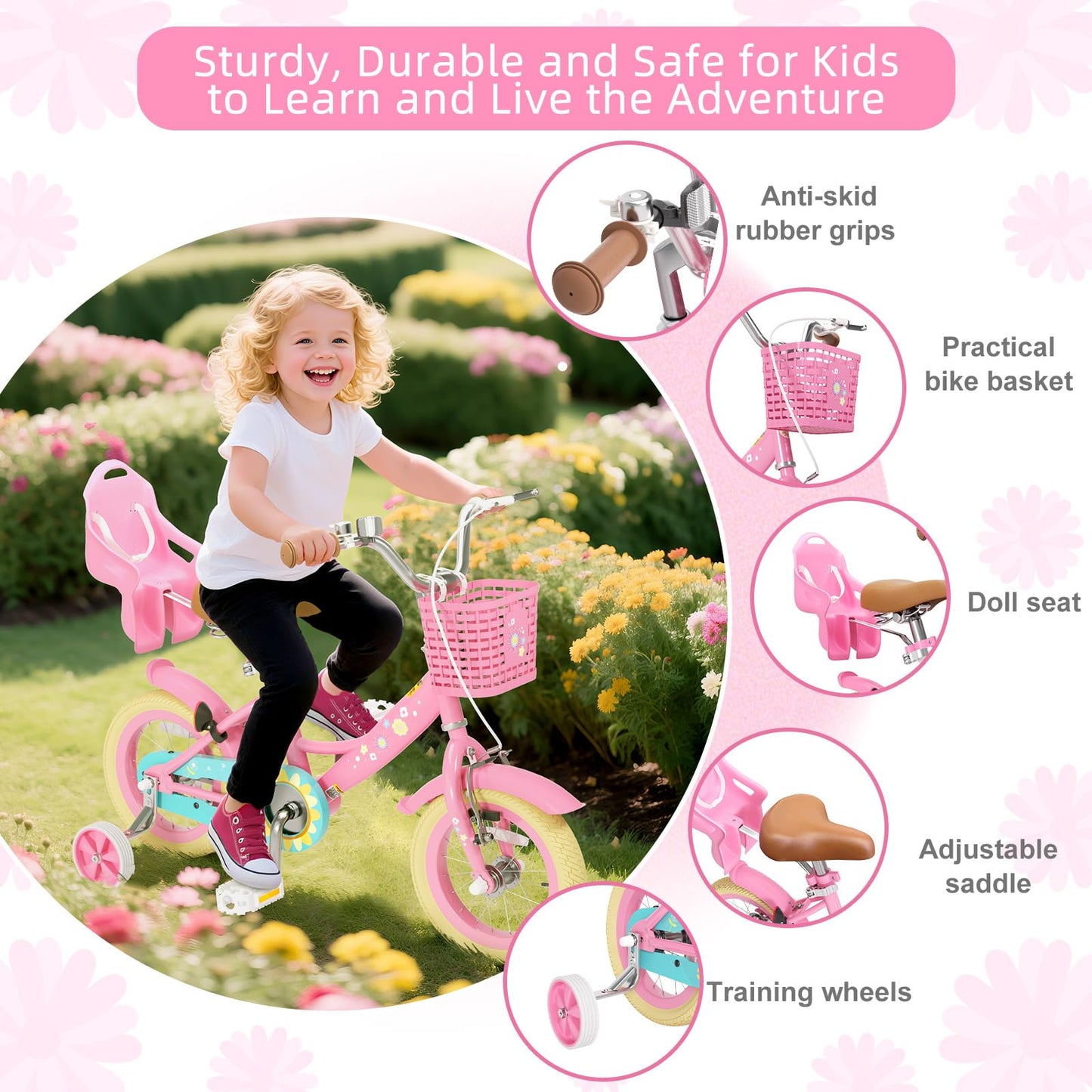 Glaf Toddler Girls Bike for Kids Age 2-12 Years Old 12 14 16 20 Inch Girls Bike with Training Wheels and Doll Seat Kids Bicycle with Basket Adjustable Seat (12 Inch with Training Wheels,Flower Pink)