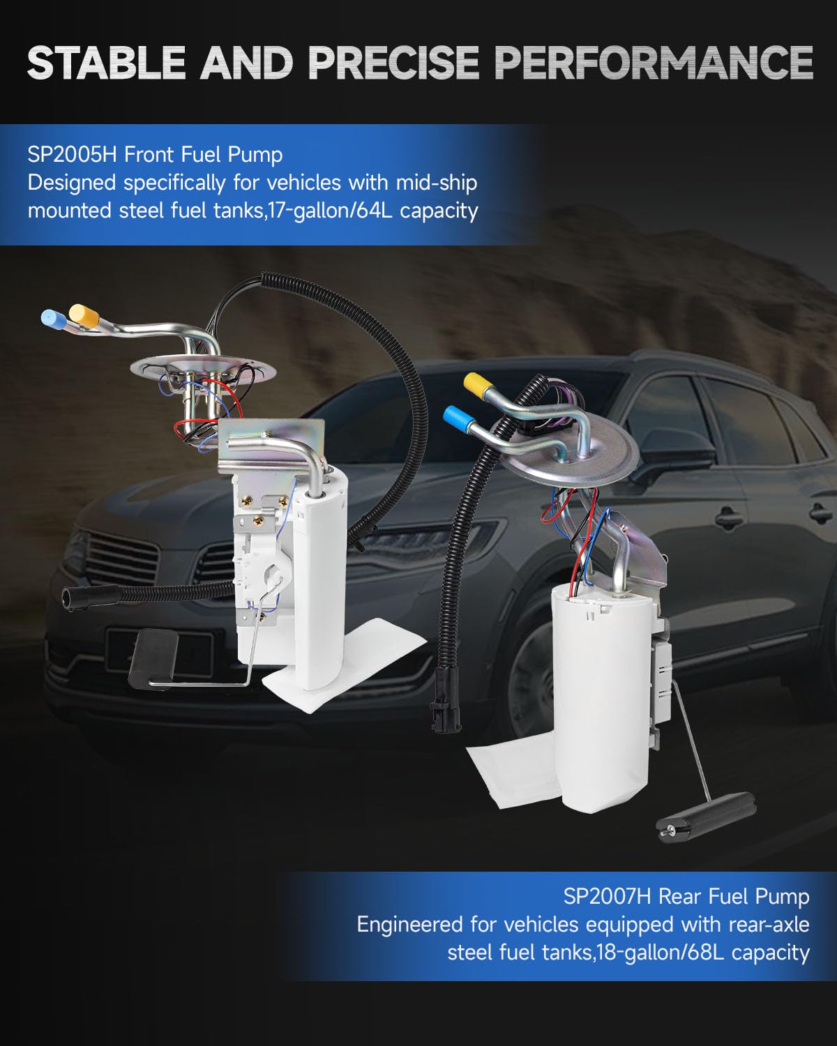 Front & Rear Fuel Pump Assembly - Compatible with Ford F-150 F-250 F-350 1992-1997 - Replacement for SP2005H 17 Gallon Midship Tank, SP2007H 18 Gallon Rear Tanks