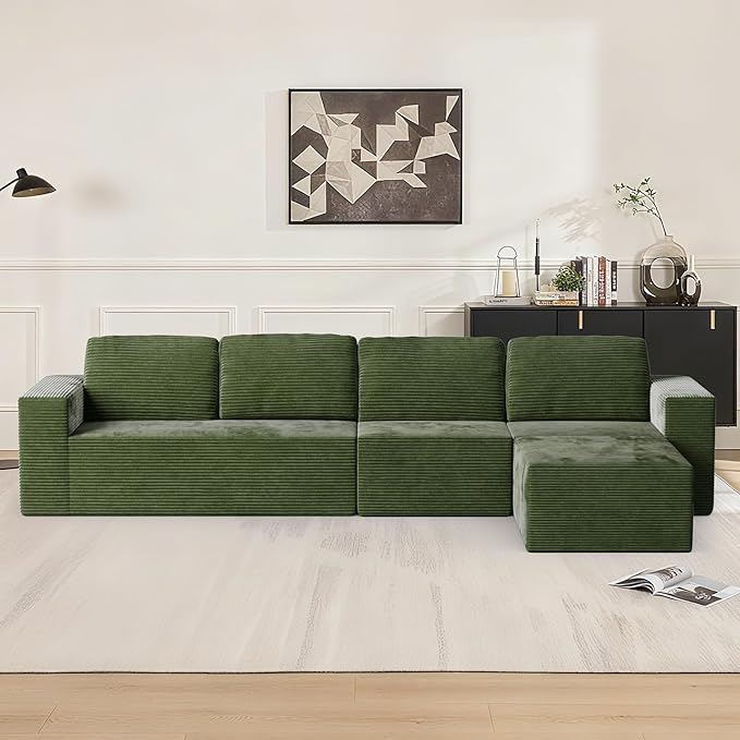Furnify 106" 3-Seater Sofa, Cloud Modular Sofa with Certified Foam, Upholstered Floor Sofa with Deep Seat, Sofa for Bedroom Living Room, No Assembly Required (Green, Plush Corduroy Fabric)