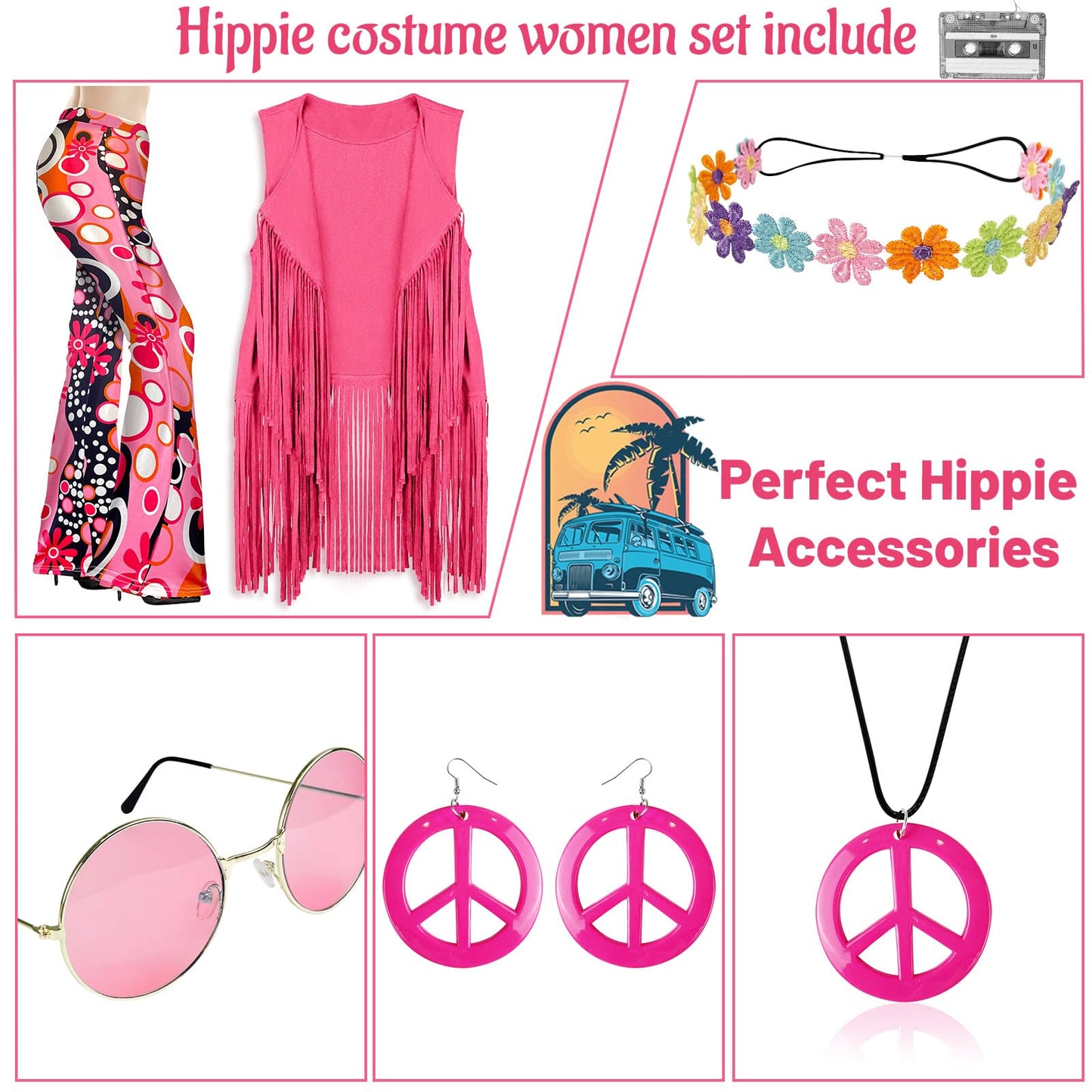 FunMular 60s 70s Outfits for Women Hippie Clothes Costume With 70's Tops Accessories Pants Fringe Vest Tassel Cardigan