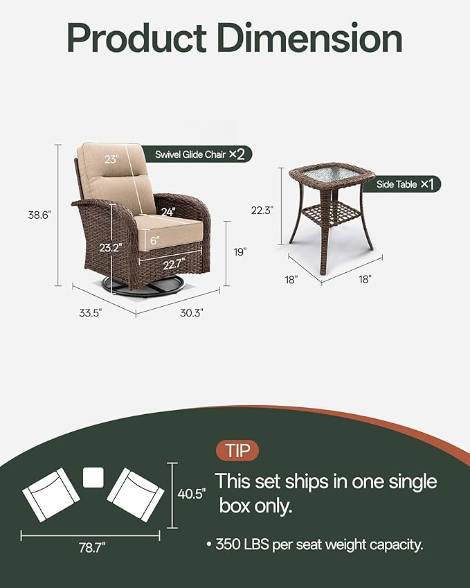 3-Piece Patio Furniture Set with 6-Inch Thick Cushions, High Back Outdoor Swivel Rocker Chairs and Table, All-Weather Conversation Set for Porch, Deck, Balcony, Yard in Beige