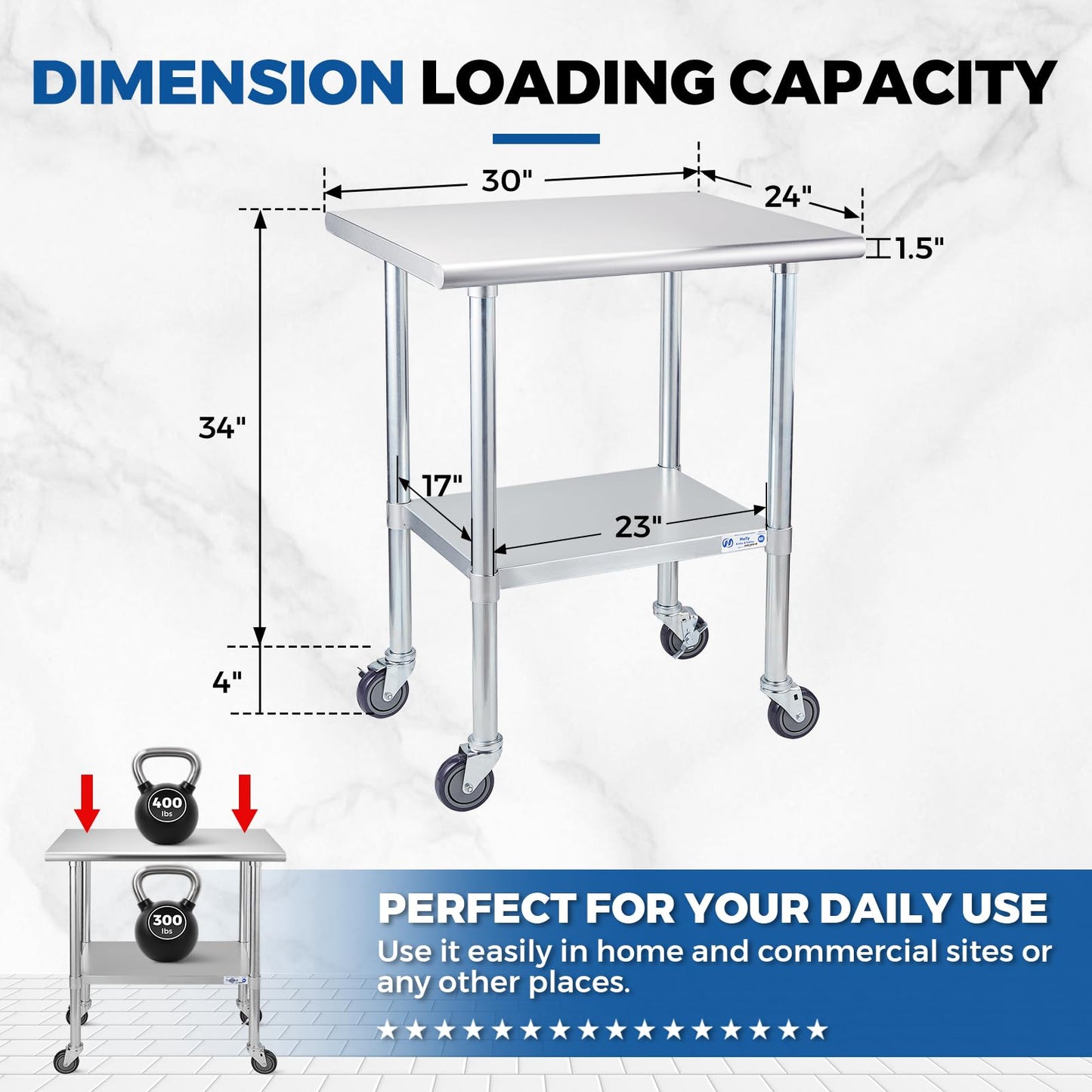 Profeeshaw Stainless Steel Table with Wheels 24x30 Inch, NSF Commercial Kitchen Prep & Work Table with Undershelf and Galvanized Legs for Restaurant, Bar, Utility Room and Garage Heavy Duty Table