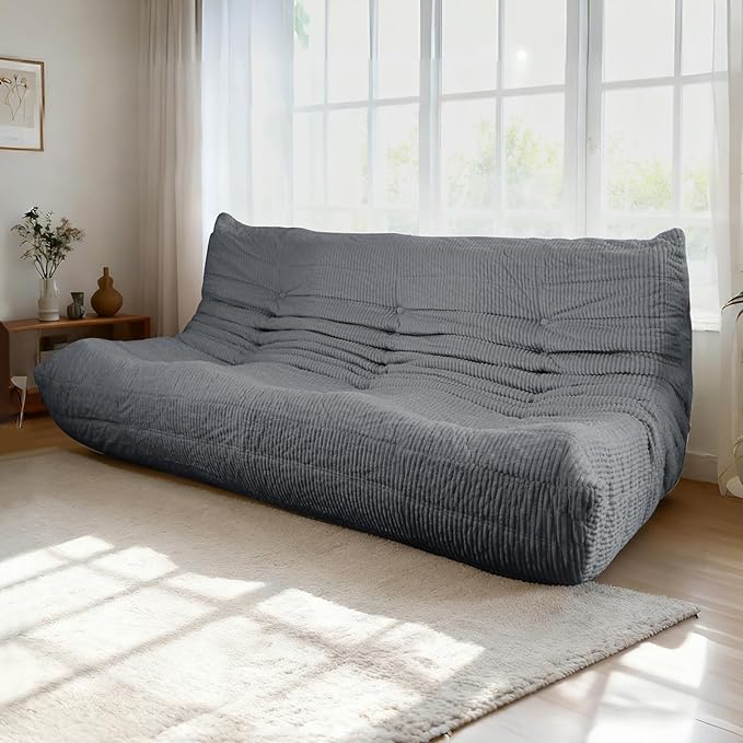 MORITON Fireside Loveseat Mid-Century Armless Sofa — Twin-Size Floor Lounger in Soft Premium Corduroy, Foam-Filled Accent Chair for Living Room or Bedroom (Grey, Three Seater)
