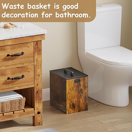 Office Garbage Can With Lid - Iron and Wood Combination Bedroom Garbage Can, Retro Industrial Style Trash Can with Handle, Rectangular Design Wastebasket for Home Office, 4.5 Gallon (Patent Pending)
