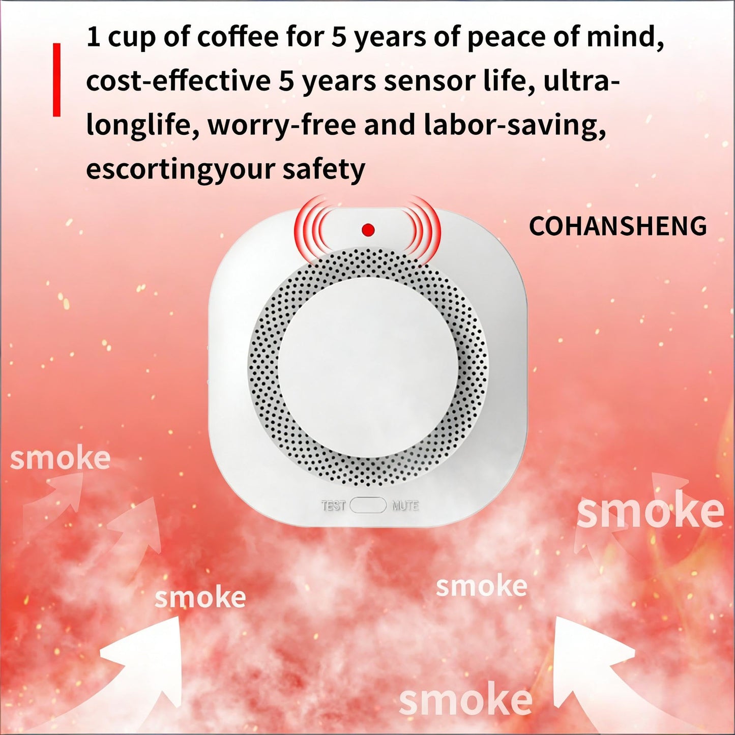 COHANSHAN Smoke Alarm,Smoke Detector,fire Alarms Smoke detectors,AA Batteries for 5-Year Life,complies with UL Certification,360° Intelligent Detection,Battery-Powered Smoke Alarm,Wiring-Free,3-Pack