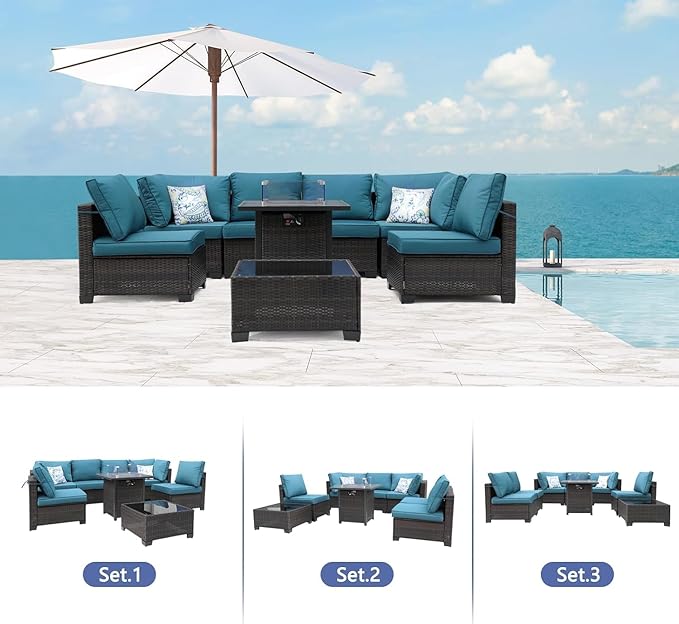 3D MATRIX 8 Pieces Patio Sets with 28" Gas Fire Pit Table Wicker Rattan Outdoor Furniture Set Conversation Set with Garden,Balcony,Pool, Deck (Brown & Peacock Blue, 8pcs Set)