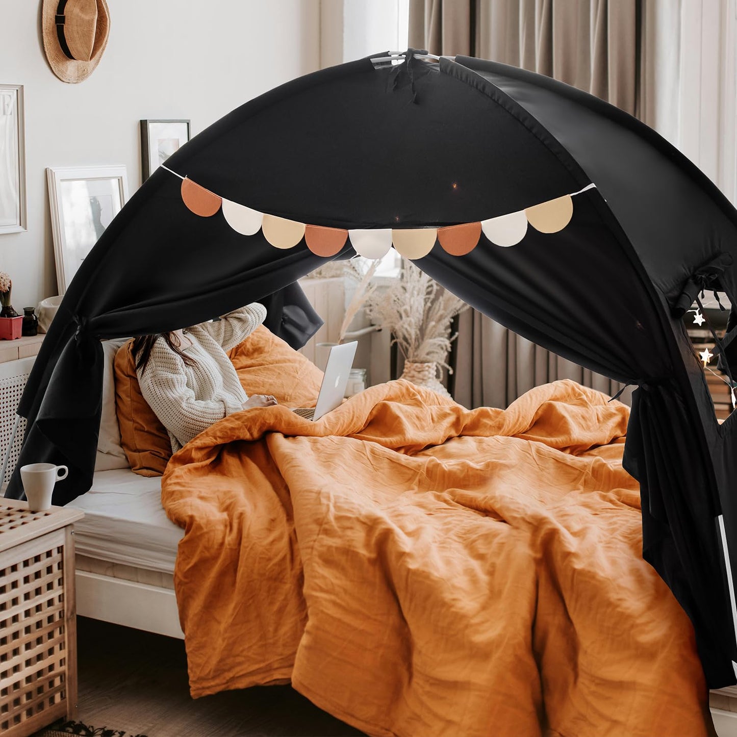 Twin Size Bed Canopy Toddler, Kids Bed Tents Indoor Dream Tent on Bunk Bed Privacy Space Blackout Sleeping Tents Portable Drafty Floor Playhouse for Boys Girl Birthday, Christmas House Gift, Black