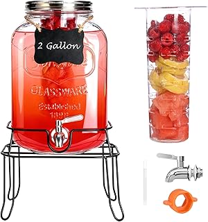 2 Gallon Glass Drink Dispenser For Parties,Beverage Dispenser with Stand,Lemonade Dispenser with 304 Stainless Steel Spigo...