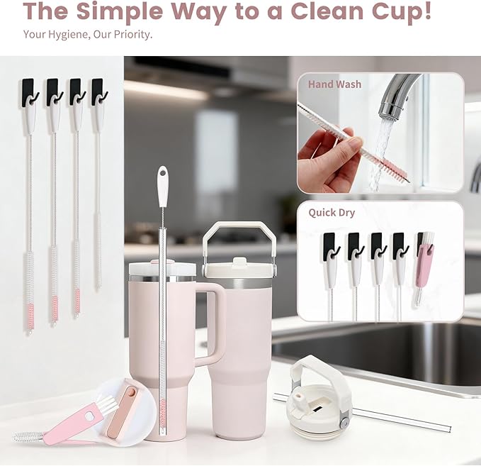 Straw Cleaner Brush Set, 4 Sizes (6/8/10/12mm) & 3-in-1 Lid Brush, 15-inch Extra Long Bristles for Deep Cleaning, Fit for Stanley and Reusable Straws (Pink)