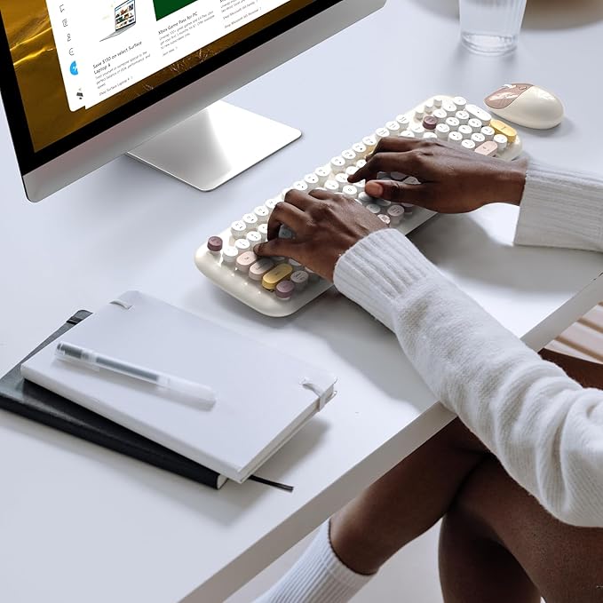 MOFII Wireless Keyboard and Mouse Combo, Full-Sized Colorful Typewriter Keyboard with Round Keycaps, 2.4G Cute Mouse Compatible with PC/Laptop/Computer (Milk White Color)