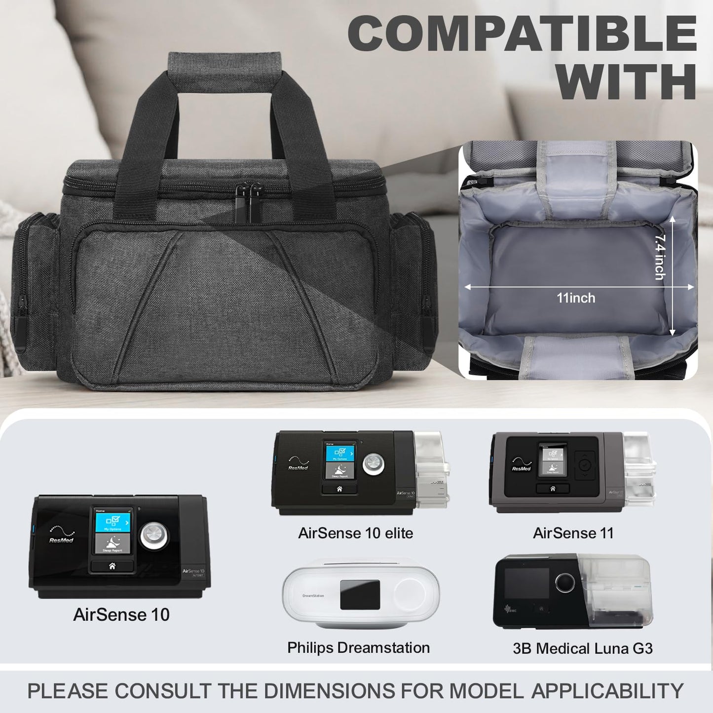 Lightweight CPAP Travel Bag for ResMed AirSense 10/11, Philips DreamStation, 3B Medical Luna G3, Compact & Portable Carry Case for CPAP Machine Supplies and Accessories, TSA-Friendly (Bag Only)