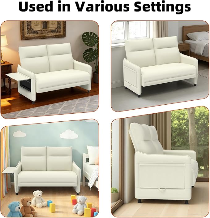 Tbillionnext Faux Leather Loveseat, Upholstered Loveseat with Hidden Foldable Tray & Side Pocket, Rear Contour Arm Design, Modern 2-Seater Sofa Couch for Small Spaces, Bedroom, Beige