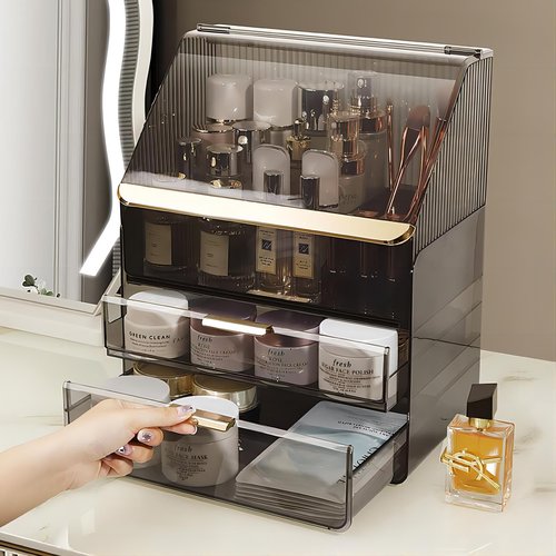 DASITON Dustproof MultiLayer Makeup Brush holder Organizer,Makeup Brush Holder,Makeup Organizers,Large Capacity Desktop Storage Box with Drawer,for Beauty Products...(Grey)