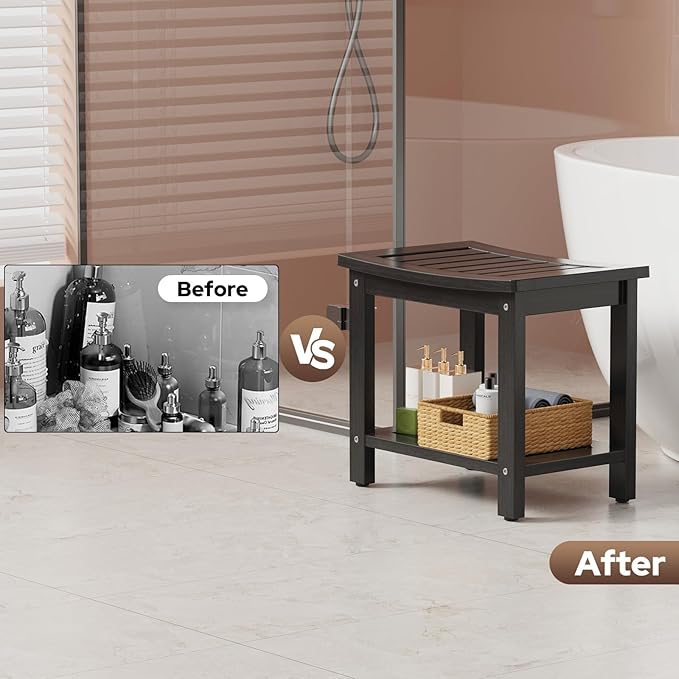 Psilvam Poly Lumber Shower Bench with Storage Shelf, Non-Slip Design, Water Resistant for Bathroom & Living Room (Black)