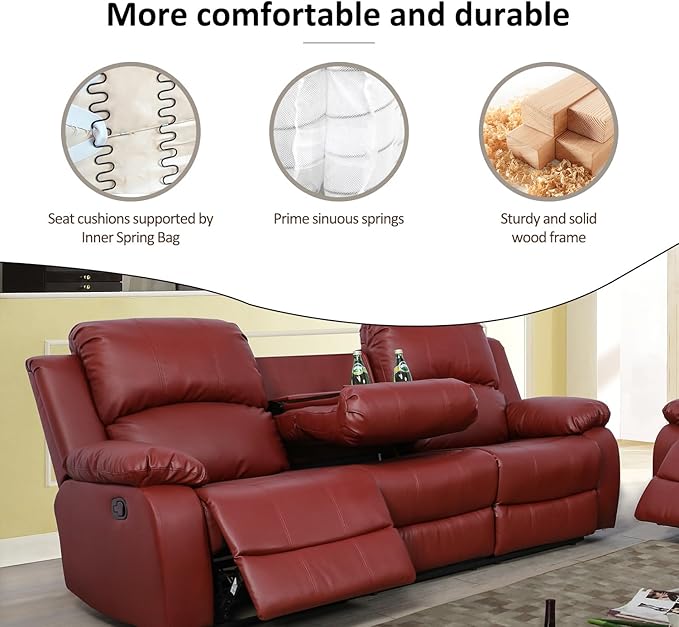 A Ainehome Living Room Furniture Set Leather Recliner Sofa Set Loveseat Chair Furniture Sofa Set for Living Room/Small Space/Rv/House/Office/Theater Seating (A-Red Leather, Sofa(3seater))