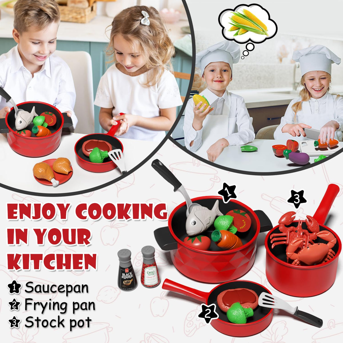 Lehoo Castle Play Kitchen Accessories, Play Pots and Pans Sets for Kids Kitchen, Play Food Sets for Kids, Toddler Cooking Set with Utensils, Toy Foods for Toddlers 3-5, Toys for 3+ Years Old Girls