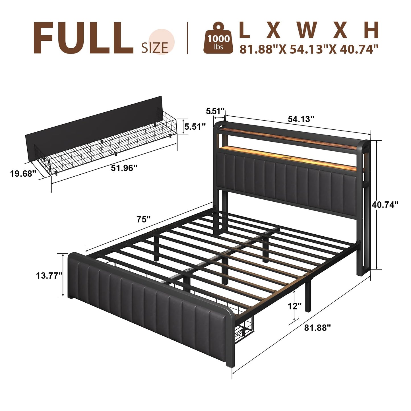 LoVinson Full Size Bed Frame with 2-Tier Storage Headboard, Metal Platform Bed Frame with Storage Drawers, Built in Charging Station & LED Light, PU Leather, Non-Slip, Easy to Assemble, Black