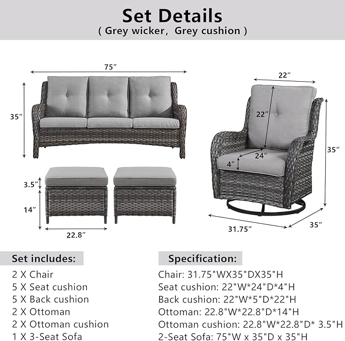 Belord 5 Piece Outdoor Patio Furniture Set - Wicker Furniture Patio Conversation Set, Outdoor Swivel Rocker Chairs with 3-Seater Sofa and 2 Ottomans for Small Space, Gray Cushion