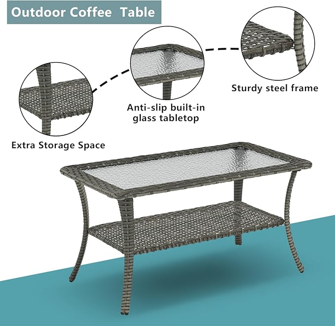 Rilyson Wicker Outdoor Patio Furniture Set - 6 Piece Patio Conversation Sets with Swivel Rocker Chairs, Ottomans, Sofa and Table, 6 inch Cushions, Deep Seating, for Porch Deck Mixed Grey/Blue