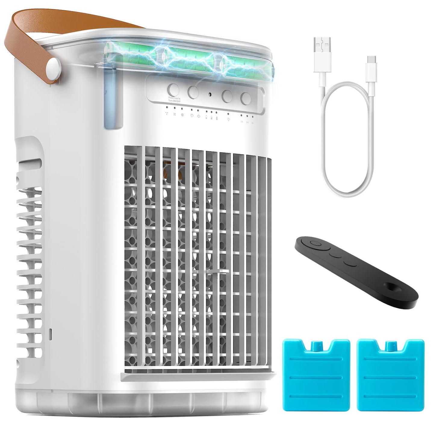 Portable Air Conditioners w/Remote, 5400mAh Built-in Battery, Mini Air Conditioner, 1.2L Water Tank & Ice Box, Auto-off Timer, E