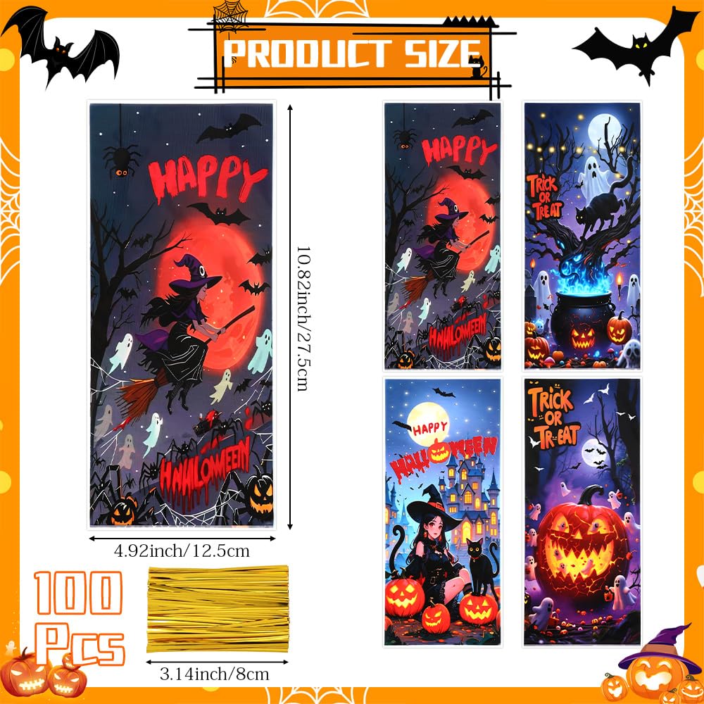 Halloween Cellophane Treat Bags, 100 Pcs Plastic Trick or Treat Candy Goodie Gift Bags with Twist Ties, 4 Style Clear Cookies Snack Goody Bag for Halloween Birthday Party Favors Supplies 10.8 X 4.9 In