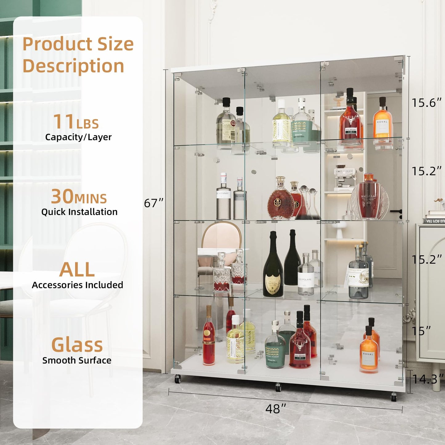 Beauty4U Glass Display Cabinet with Mirror Back Panel, 12 Shelves with 3 Columns, Curio Cabinets for Living Room, Bedroom, Office, White Floor Standing Glass Bookshelf, Quick Installation
