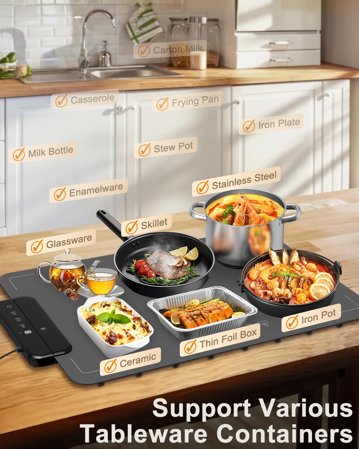 Electric Warming Mat for Food, ZAPLIT 24''x16 Washable Silicone Warming Tray with 6 Temp Settings, 6 Timers, Child Lock, and Auto Standby — Food Warmer for Buffet, Family Gathering, and Party (Grey)
