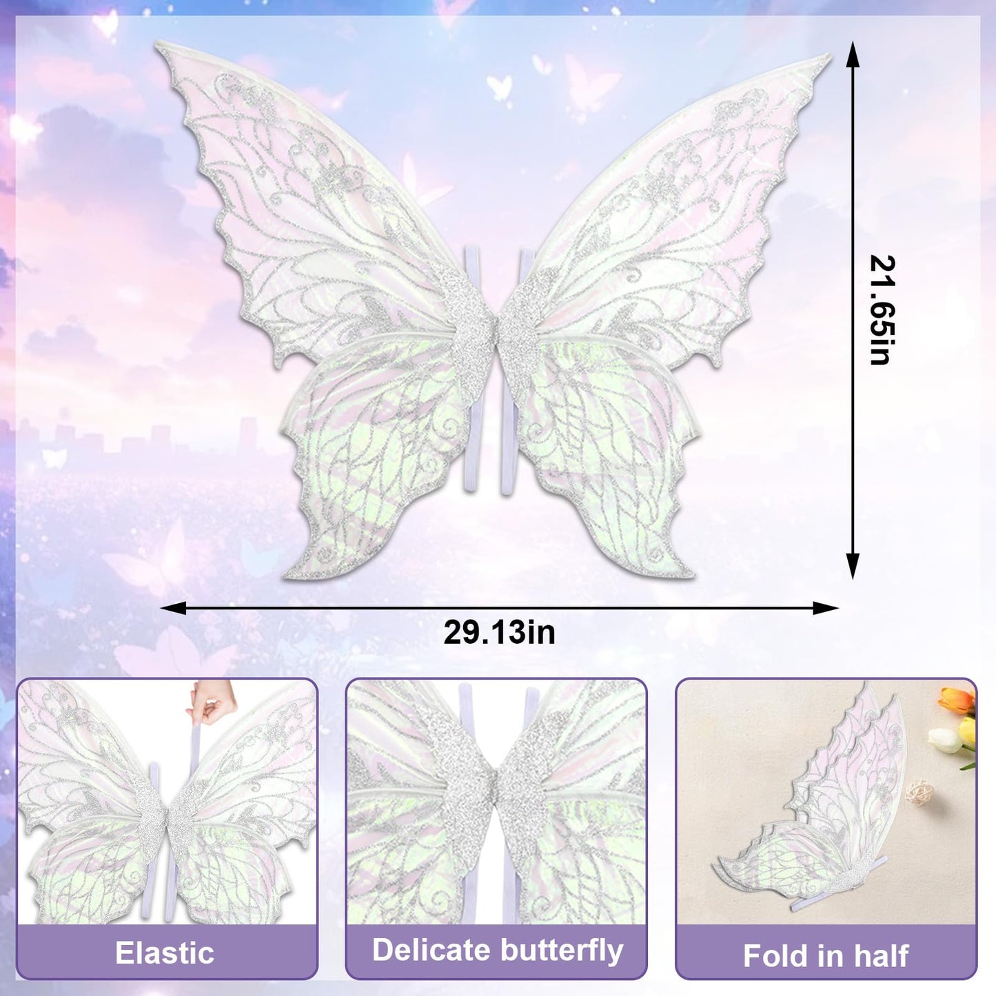 Glodecart Fairy Wings Costume for Women Girls, White Sparkling Butterfly Fairy Wings for Girls Adults Holiday Party,Sheer Princess Elf Butterfly Costume for Dress Up Women Fairy Cosplay Accessories