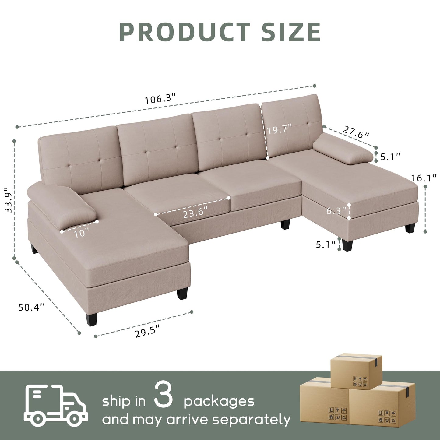 Shintenchi U-Shaped Sectional Couches for Living Room, 4 Seat Sofa with Double Chaise Lounges,Solid Wood Frame Sectional Sofa for Apartment,Beige