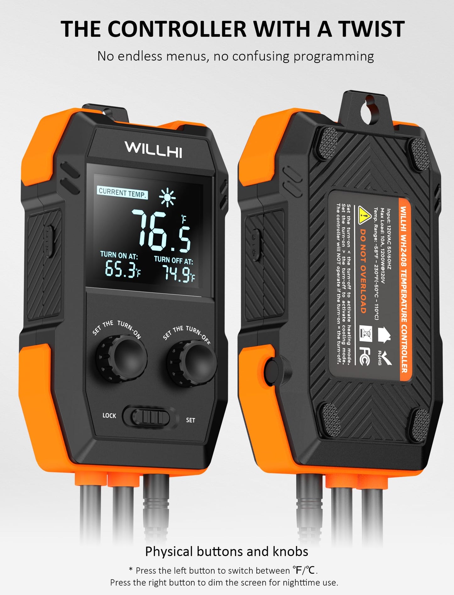 WILLHI WH2408 Temperature Controller 10A 1200W, Digital Thermostat Controlled Outlet Plug Switch for Reptile Terrarium Greenhouse Homebrew Aquarium Seedling Mat, Heating or Cooling Mode (Pack of 1)
