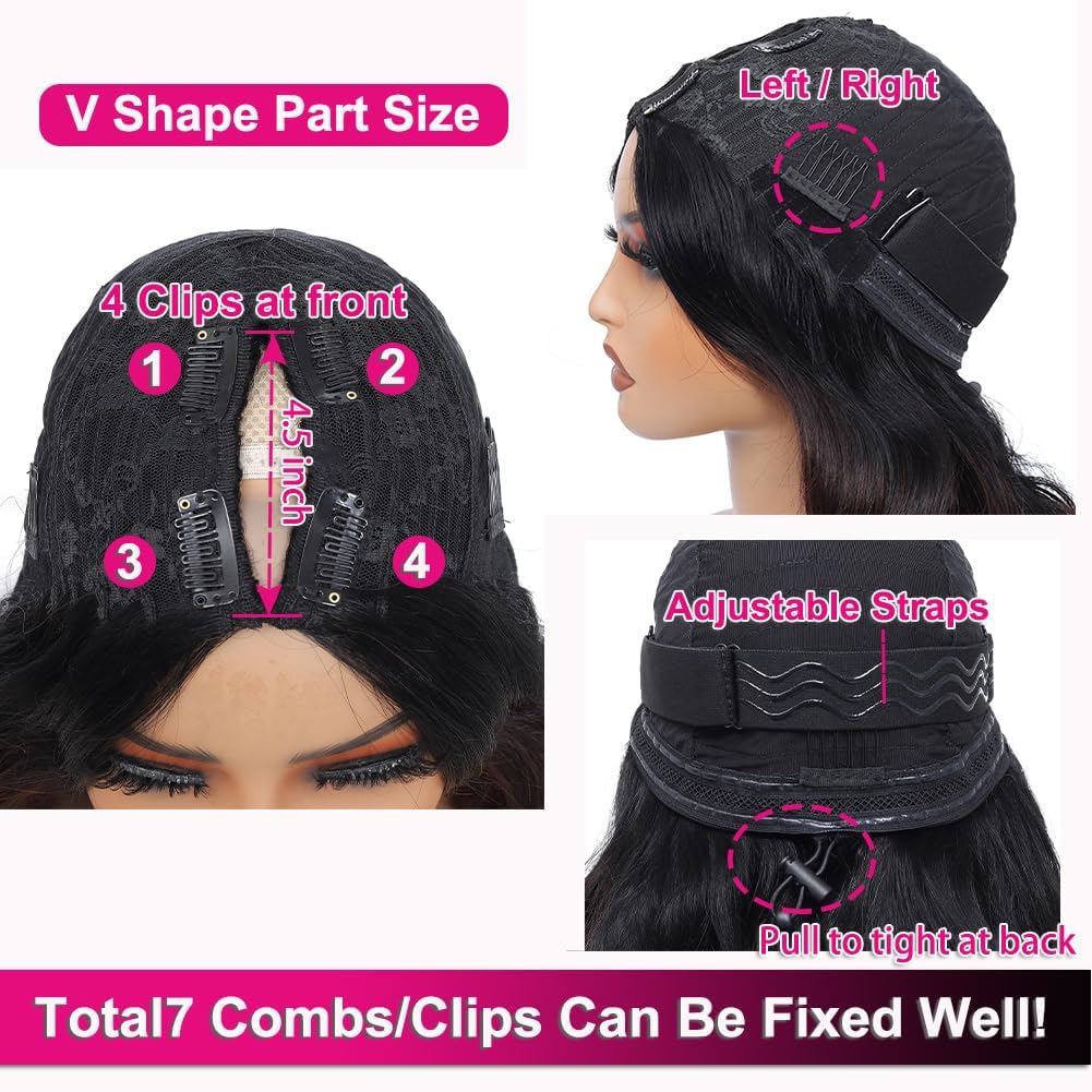 NZINZI Ombre V Part Wig Human Hair Body Wave Brown Wig Upgrade U Part Human Hair Wig with Clips Glueless Wigs Human Hair Clip in