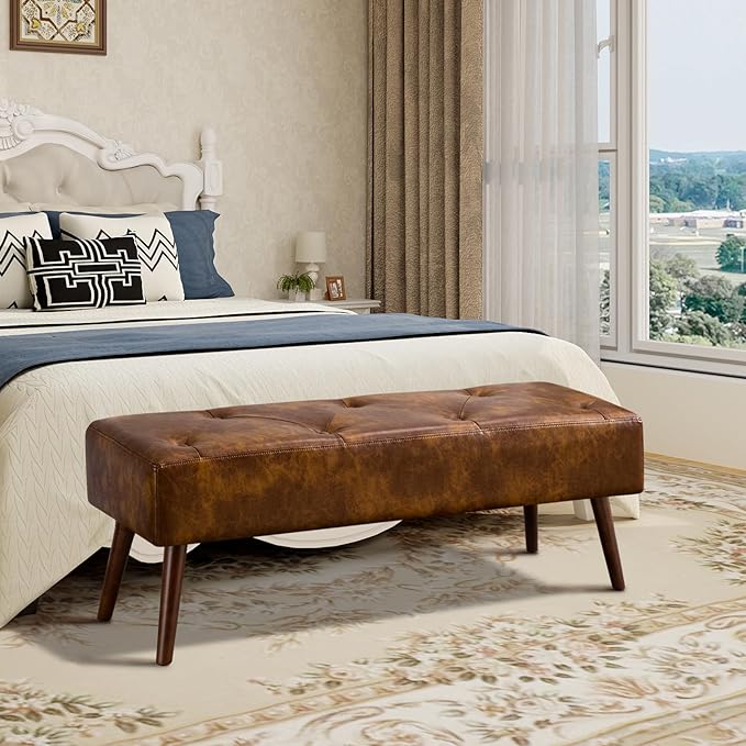Furnimart Faux Leather Bench Ottoman, Tufted Button Bedroom Benches Footrest Stool in Solid Wood Legs, Long and Dining Bench, Indoor Bench for Entryway Living Room Bedroom (Leather-DustYellow)