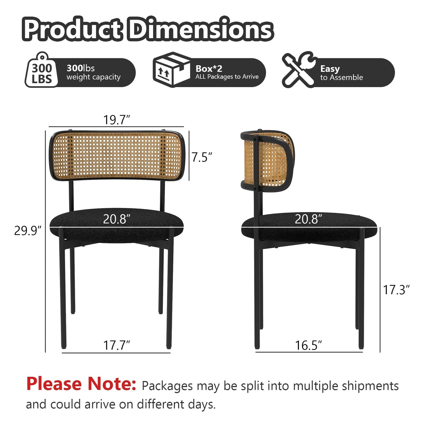 Osparple Mid Century Modern Dining Chairs Set of 4 with Rattan Backrest,Velvet Upholstered Accent Kitchen & Dining Room Chairs with Sturdy Metal Frame,Black