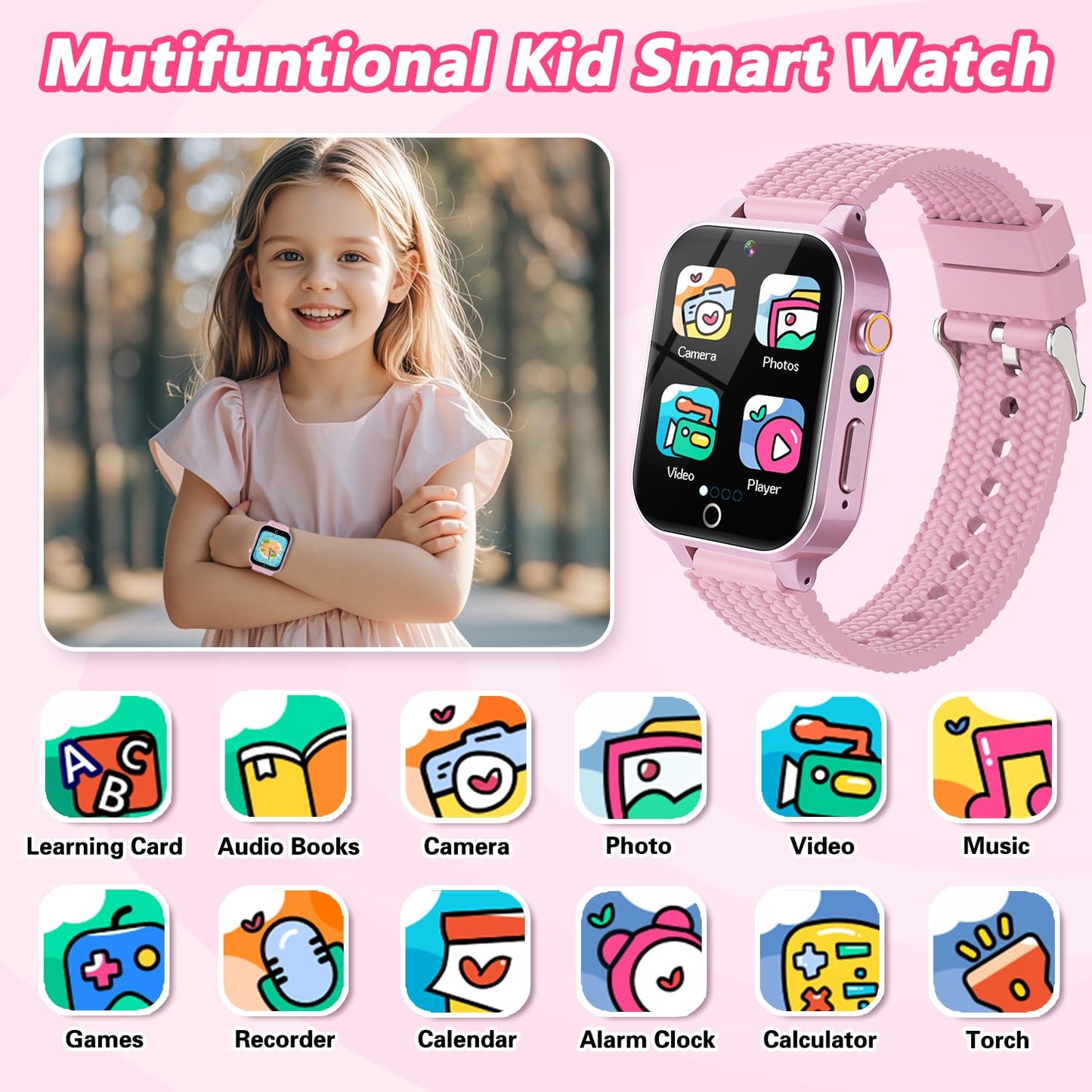 Smart Watch for Kids Girl Gift Ages 3-12, 2 Screen Protector, 26 Puzzle Games, HD Camera Video Music Player Touchscreen Pedometer, Educationtal Toy Brithday Gifts for Girl Ages 4 5 6 7 8 9 10(Pink)