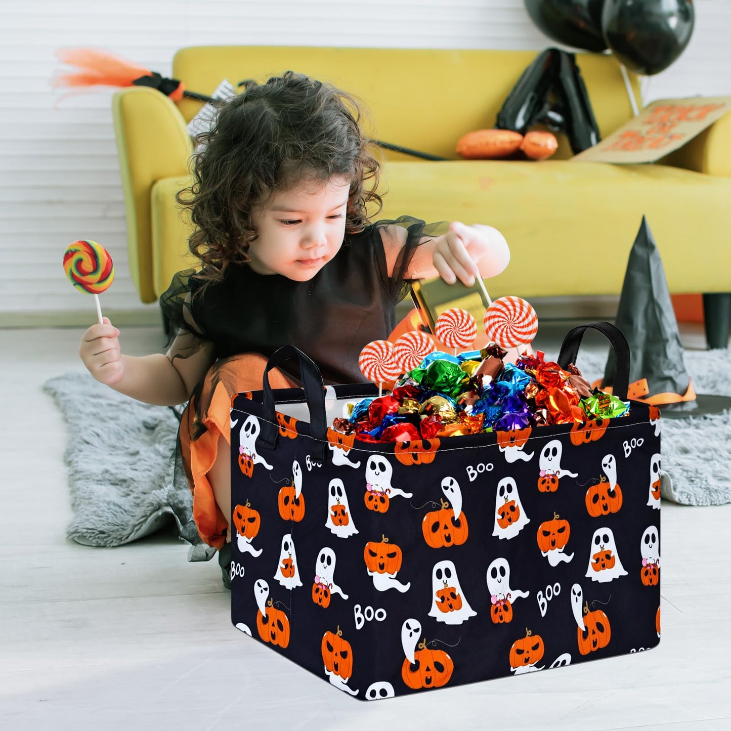KUNRO Pumpkin Pattern Halloween Storage Gift Basket Canvas Storage Bins with Handles Rectangle Storage Cubes Organizer for Bedroom Living Room