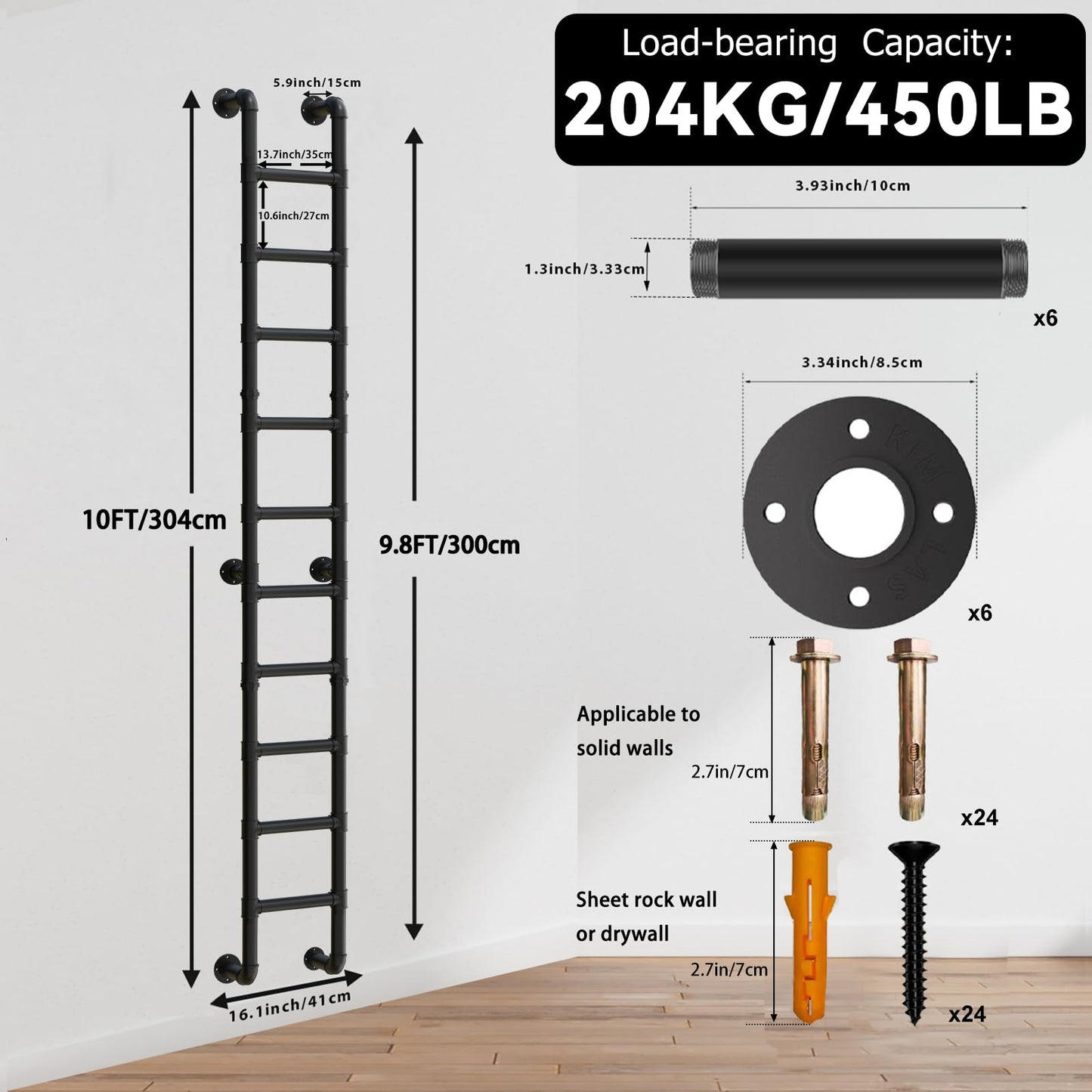 10 Rung Wall Mounted Ladder Heavy Duty 450lbs Capacity, 10FT Steel Pipe Fire Escape Ladder for Egress Window & Basement, Industrial Wall/Floor-Mounted Loft