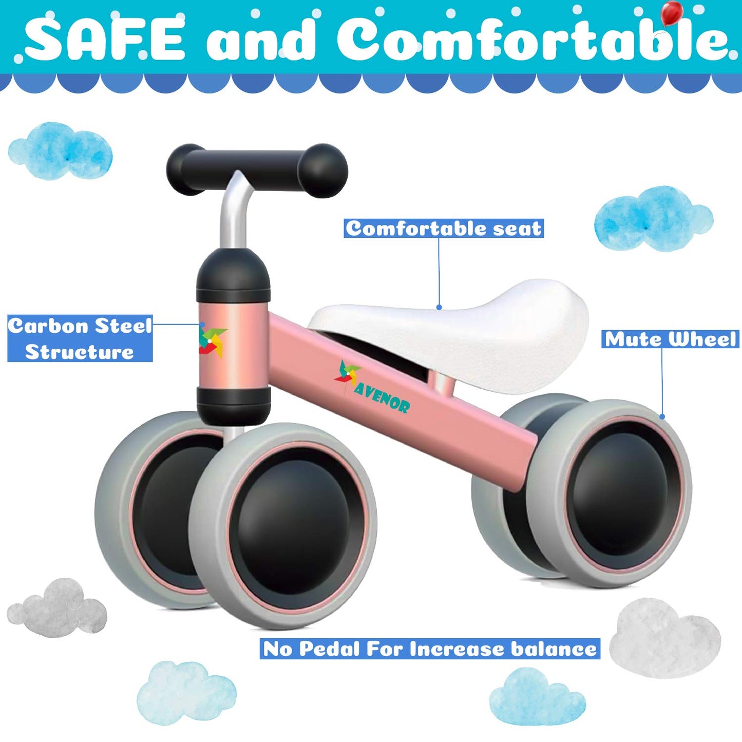 Avenor Baby Balance Bike for 1 Year Old Girl Gifts 10-24 Month Toddler Balance Bike First Birthday Gift No Pedal Infant 4 Wheels Bicycle