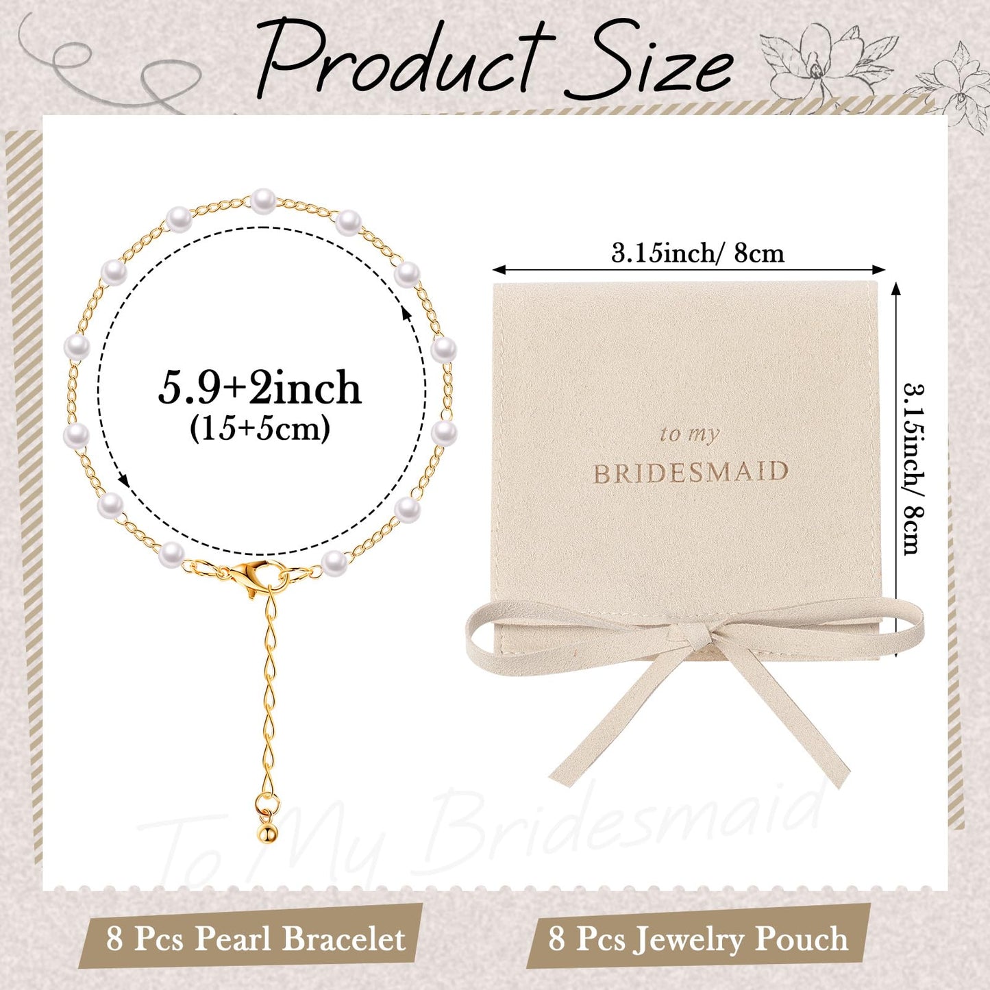 Quelay 16 Pcs Jewelry Bridesmaid Gift Pearl Bracelet Microfiber Jewelry Bag Pouch Set of 8 for Wedding Bridal Party Favor(Beige, Gold,Bow Tie)