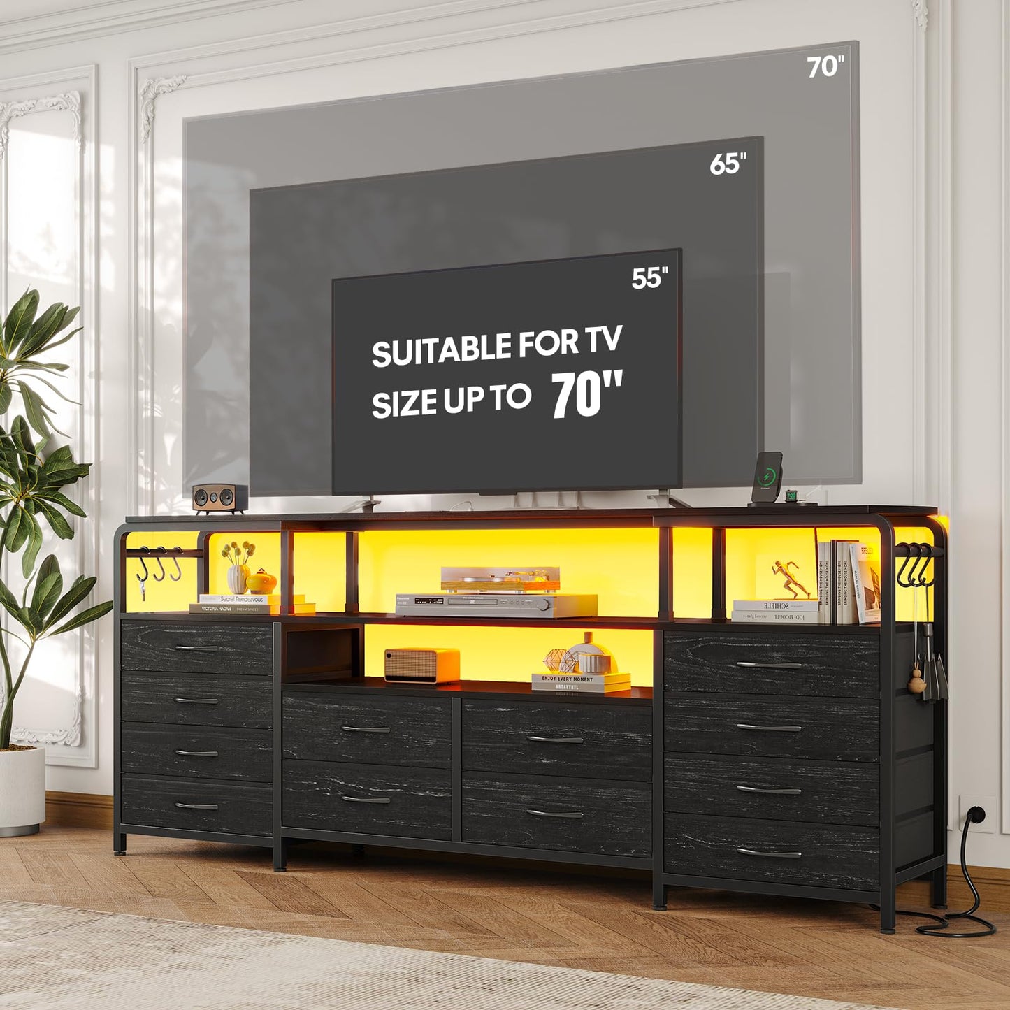 Dnxao 63 inch TV Stand Dresser for Bedroom - Black TV Stand with 12 Drawers, LED Lights & Charging Station | Dresser TV Stand with Storage, Open Shelves | Fits 55-70" TVs