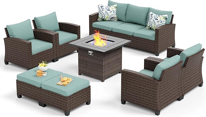 SUNSHINE VALLEY Patio Furniture Set Outdoor Furniture Brown Wicker Rattan Patio Conversation Sets with Cushion Outside Sofa Set,7 Pieces with Firepit Table,9 Seats,Blue