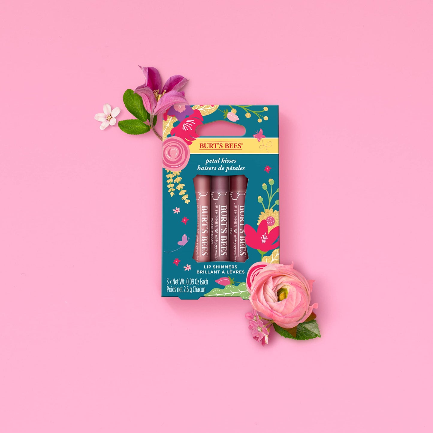 Burt's Bees Lip Colour Gift Set, 3 Lip Shimmers in Peony, Rhubarb and Fig Shades, Petal Kisses, 3x2.6g