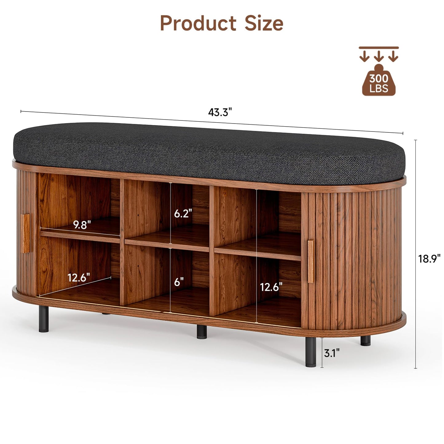 ONBRILL 43" Bench with Shoe Storage, Fluted Entryway Shoe Bench with Storage, with Cushion, Sliding Door and Adjustable Shelf, for Entryway, Hallway, Living Room, Walnut