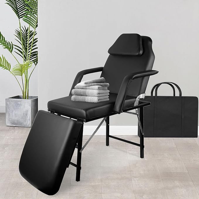 Portable Tattoo Chair, Adjustable Massage Facial Bed with Removable Headrest & Armrest, Foldable Spa Chair with Carry Bag, 73 Inch Esthetician Bed for Salon Beauty Barber Spa Tattoo (Black)