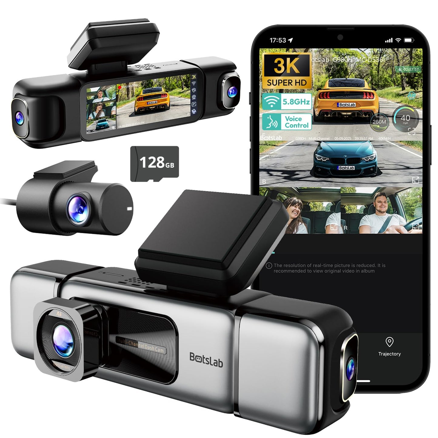 BOTSLAB 3K 4 Channel Dash Cam, 560 All-Sides View, Front and Rear Inside Car Camera with 3.18 Touch Screen, Dash Camera 24/7 P