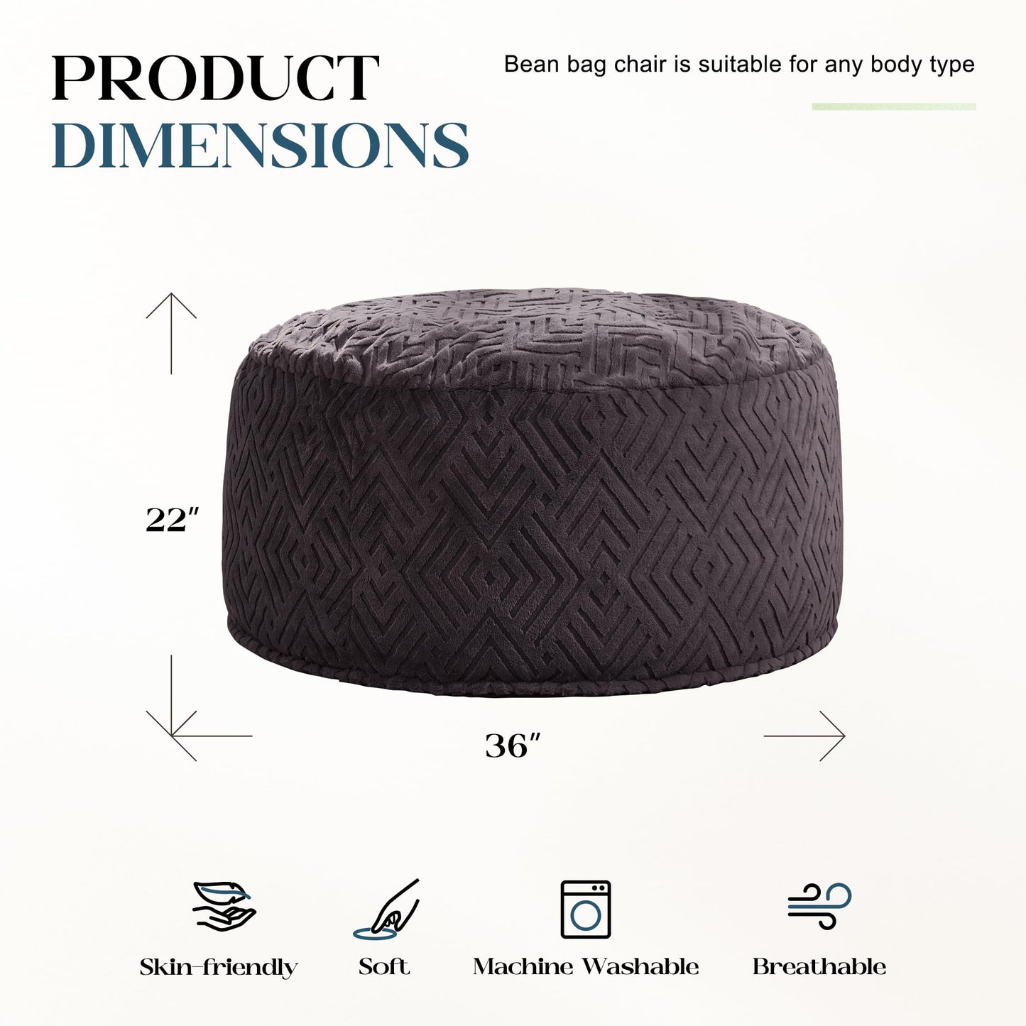 Hobestluk Bean Bag Chairs Adults Beanbag Chair with Filler Large Bean Bags with Fluffy Embossed Cover, Giant Bean Bag Chairs for Adults (Dark Grey, 3FT - 36” x 36” x 22”)