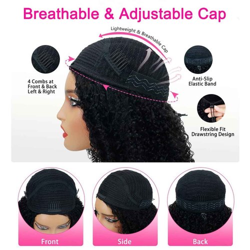 Kinky Curly Half Wig Human Hair 200% Density 3 In 1 Seamless Flip Over Half Wigs Human Hair Glueless Wear and Go Beginner Friendly Kinky Curly Wig Human Hair Drawstring Headband Wig for Women 18 Inch