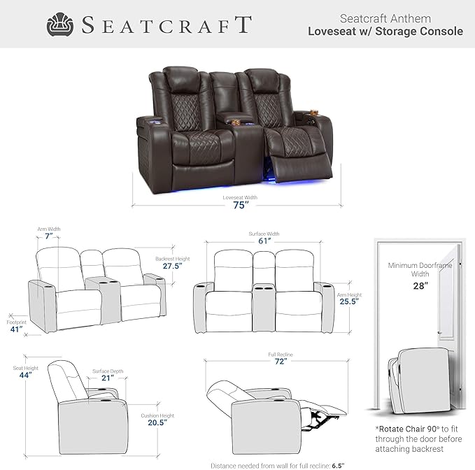 Seatcraft Anthem Italian Leather Sofa w/Fold-Down Table & Loveseat w/Storage Console, Living Room, Power Headrest, Power Recline, Brown