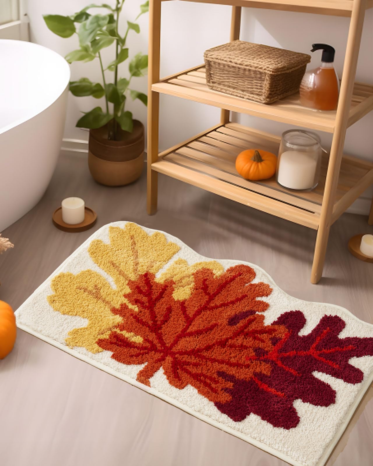 DyeFury Maple Leaf Rug, Cute Fall Decor for Autumn Farmhouse Bathroom Kitchen, Non-Slip Fun Pumpkin Bath Mat, Washable Microfiber Bath Rug, 20'' x 30'', Yellow/Orange/Rust